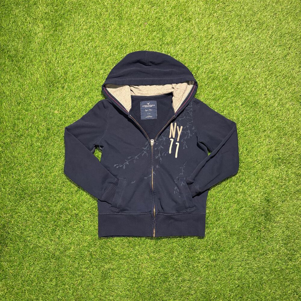 American Eagle Zip Hoodie Mens Medium Navy NY 77 Graphic Fleece Jacket